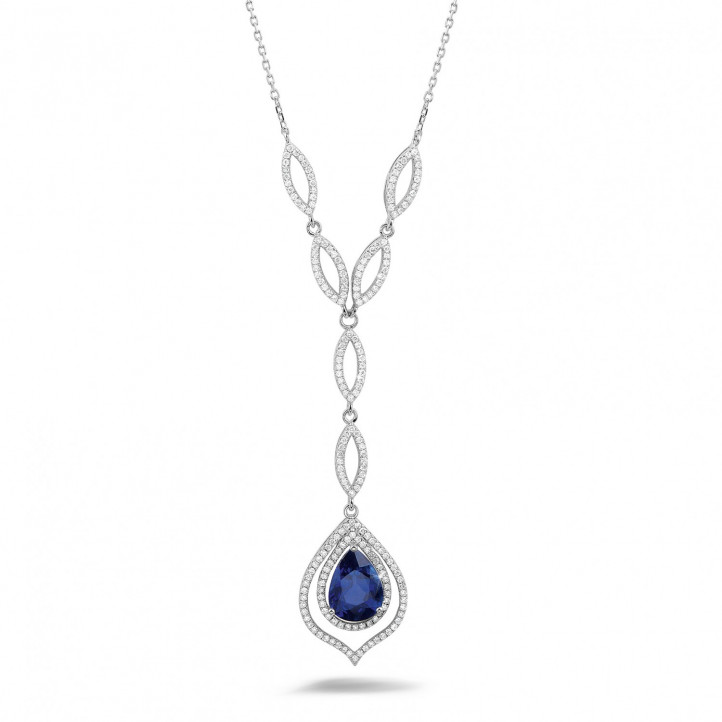 Diamantene Halskette aus Platin mit tropfenförmigem Saphir