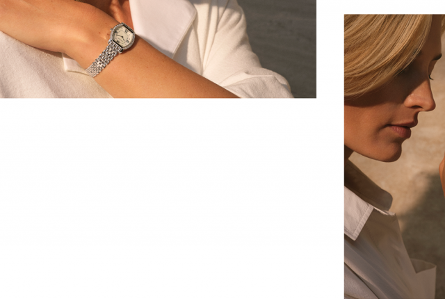 Goldener Ring mit floraler, pavébesetzter Diamantfassung an der Hand einer Frau
