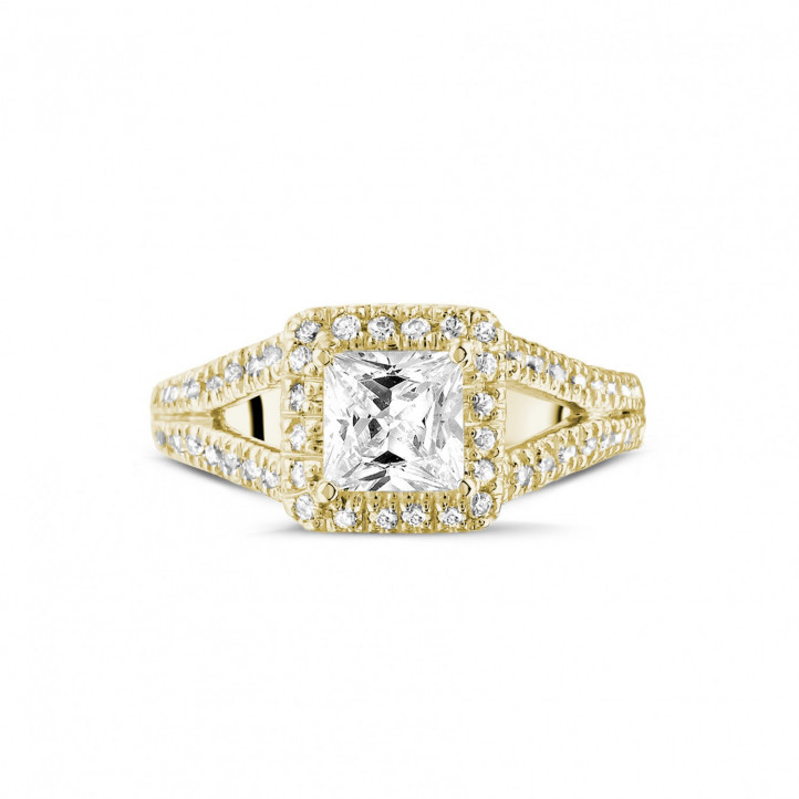1.00 Karat Solitärring aus Gelbgold mit Prinzessdiamanten und kleinen Diamanten