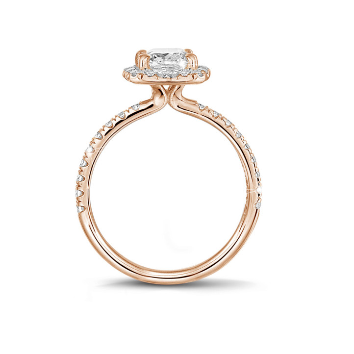 1.00 Karat Halo Solitärring mit Diamant im Kissenschliff aus Rotgold mit runden Diamanten
