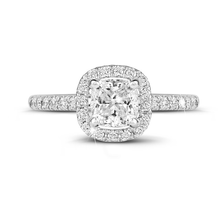 1.20 Karat Halo Solitärring mit Diamant im Kissenschliff aus Weißgold mit runden Diamanten