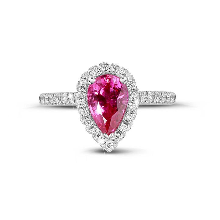 Halo-Ring aus Weißgold mit einem rosa Saphir im Tropfenschliff und runden Diamanten