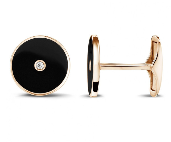 Manschettenknöpfe aus Roségold mit schwarzer Onyx-Einlage und zentralem Diamant in runder Fassung