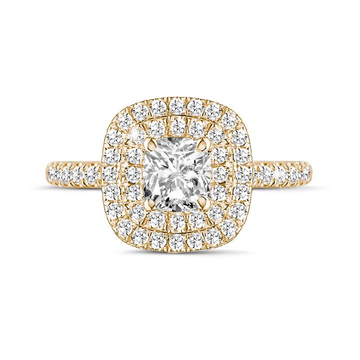 0.70 Karat Solitärring mit doppeltem Halo und Diamant im Kissenschliff aus Rotgold