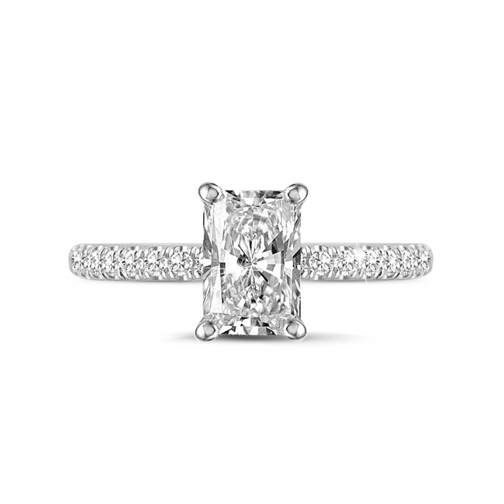 1.50 Karat Solitärring mit Diamant im Radiant-Schliff und hidden halo aus Weißgold
