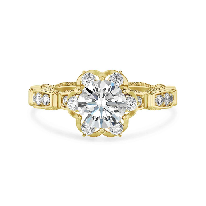 Maßgefertigter floraler Halo-Ring mit einem Diamanten im Brillantschliff