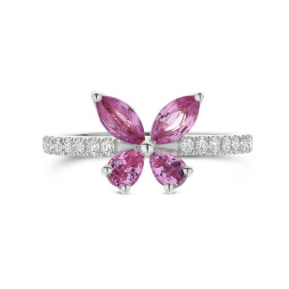 Ringe - Schmetterlingsring mit Flügeln aus Marquise- und Tropfenschliff-Rosa Saphiren