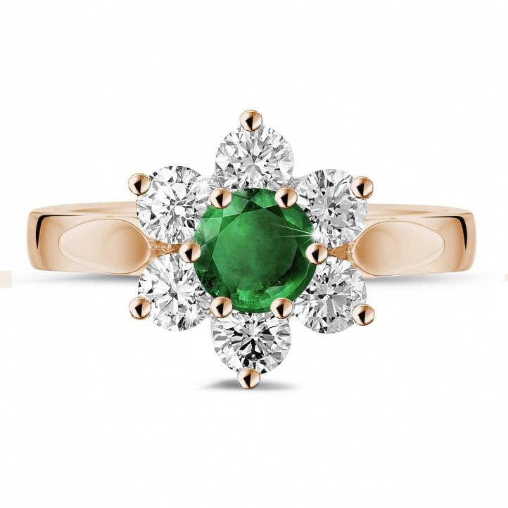 Blumenring aus Rotgold mit rundem Smaragd und kleinen Diamanten