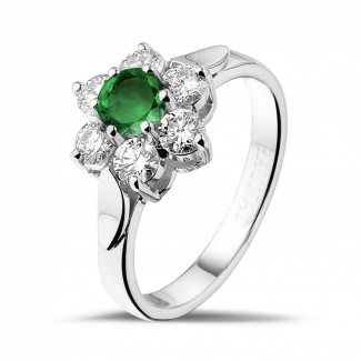 Ringe - Blumenring aus Platin mit rundem Smaragd und kleinen Diamanten
