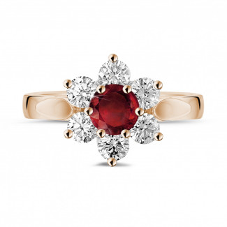 Ringe - Blumenring aus Rotgold mit rundem Rubin und kleinen Diamanten