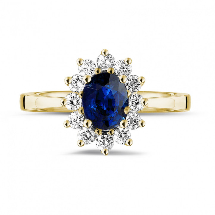 Entourage Ring aus Gelbgold mit ovalem Saphir und runde Diamanten