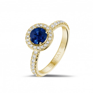 Verlobung - Halo Solitärring aus Gelbgold mit rundem Saphir und kleinen runden Diamanten