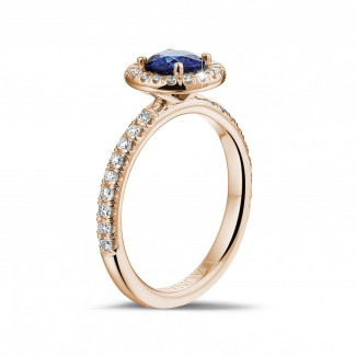 Ringe - Halo Solitärring aus Rotgold mit rundem Saphir und kleinen runden Diamanten
