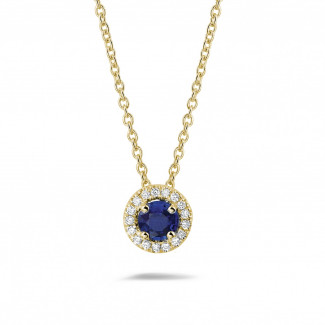 Halsketten - Diamant Halo Halskette aus Gelbgold mit Saphir und runden Diamanten