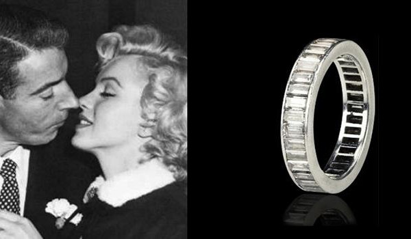 Platinring mit umlaufenden Baguette-Diamanten, Memoire-Stil, neben Schwarzweißfoto von Marilyn Monroe