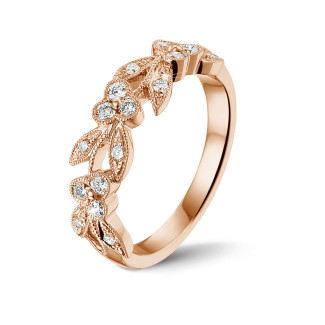 Ehering Frauen - 0.32 Karat Memoire Ring mit kleinen Blättern aus Rotgold mit runden Diamanten