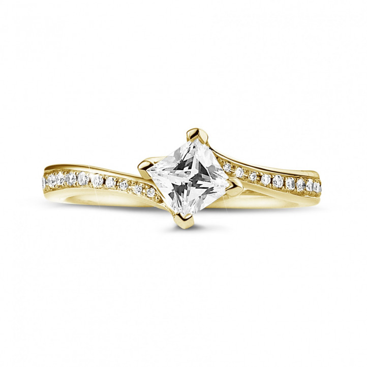 0.50 Karat Diamant Solitärring aus Gelbgold mit Prinzessdiamant und kleinen runden Diamanten