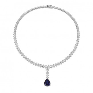 High Jewellery - 21.30 Karat sich verjüngende Diamant Halskette aus Weißgold mit tropfenförmigem Saphir