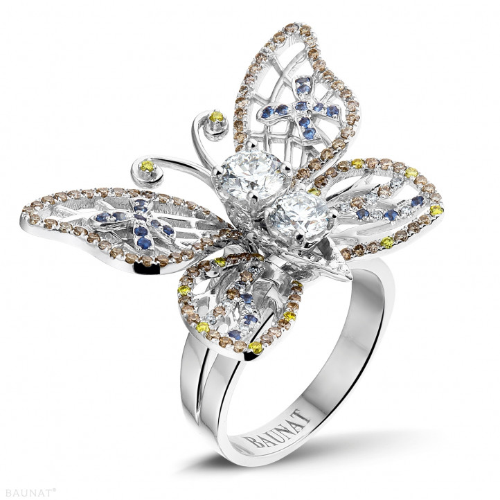 1.75 Karat Design Schmetterlingring aus Weißgold mit cognacfarbigen Diamanten und Saphir