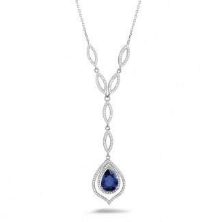 Necklaces - Diamond white golden necklace with a pear shaped sapphire