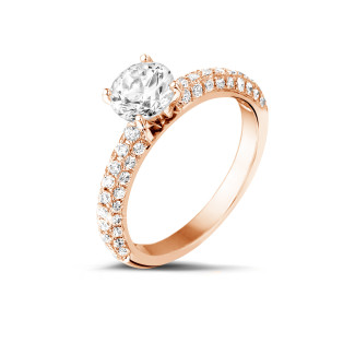 Gold diamond ring - 1.00 carat solitaire ring (half set) in red gold with side diamonds