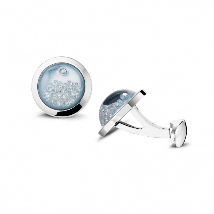 White golden cufflinks with blue mother of pearl and round diamonds