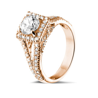 Halo ring - 1.00 carat solitaire diamond ring in red gold with side diamonds