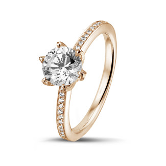 Gold engagement rings - 1.00 carat solitaire ring in red gold with side diamonds