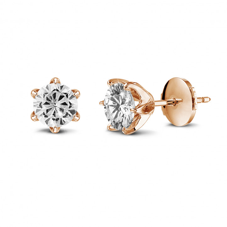 solitaire earrings in red gold with round diamonds of 1.00 Ct each
