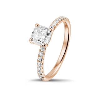Rings - 1.00 carat solitaire ring with a cushion diamond in red gold with side diamonds