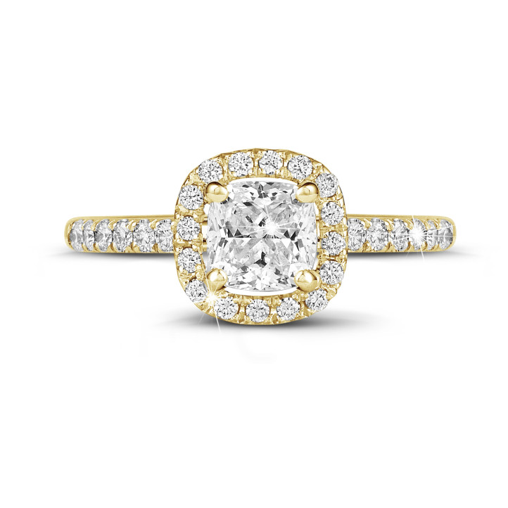 1.00 carat solitaire halo ring with a cushion diamond in yellow gold with round diamonds