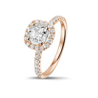 Rings - 1.00 carat solitaire halo ring with a cushion diamond in red gold with round diamonds
