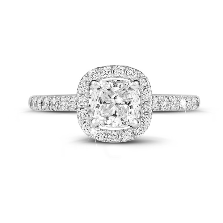 2.00 carat solitaire halo ring with a cushion diamond in white gold with round diamonds