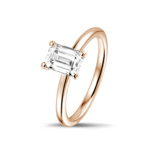 Rings - 1.00 carat solitaire ring with an emerald cut diamond in red gold