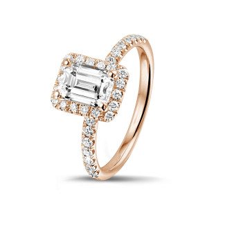 Rings - 1.50 carat solitaire halo ring with an emerald cut diamond in red gold with round diamonds