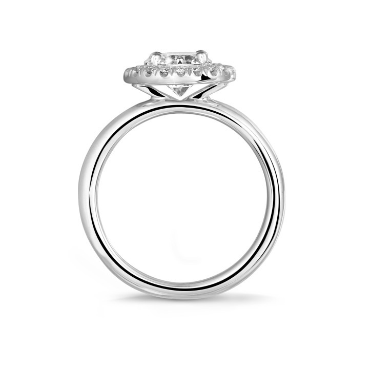 1.25 carat solitaire halo ring in white gold with round diamonds