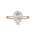 2.00Ct halo ring in red gold with pear diamond