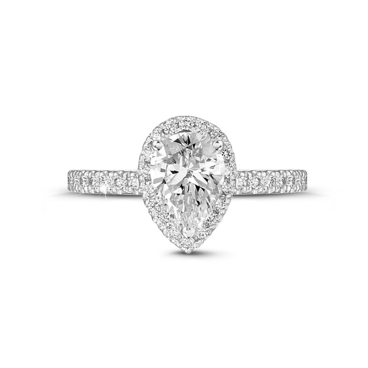 1.20Ct halo ring in white gold with pear diamond
