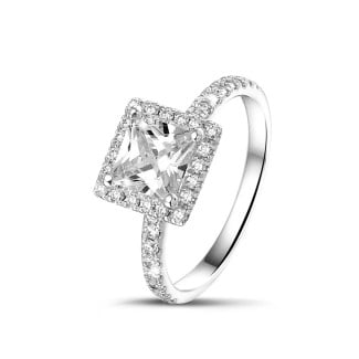 Rings - 1.00 carat solitaire halo ring with a princess diamond in white gold with round diamonds