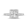 1.20 carat solitaire halo ring with a princess diamond in white gold with round diamonds
