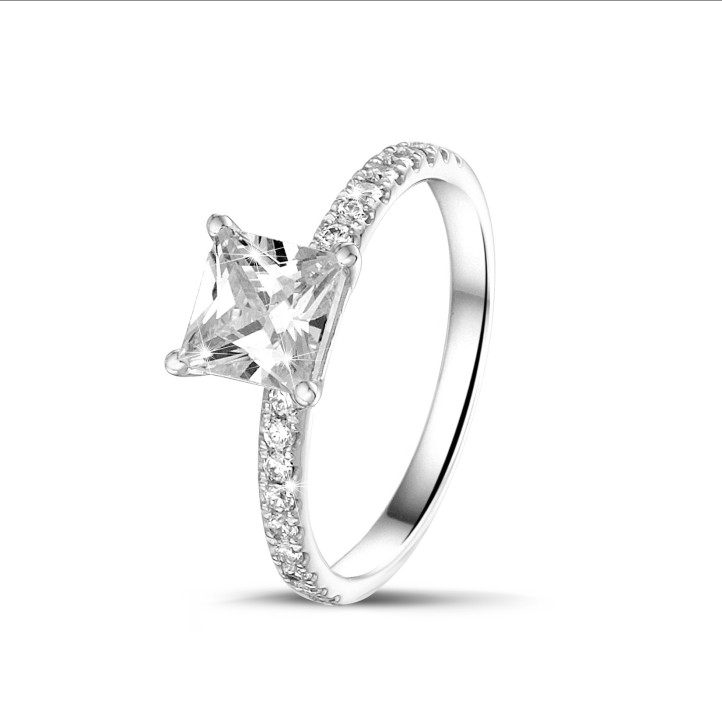 1.50 carat solitaire ring with a princess diamond in white gold with side diamonds