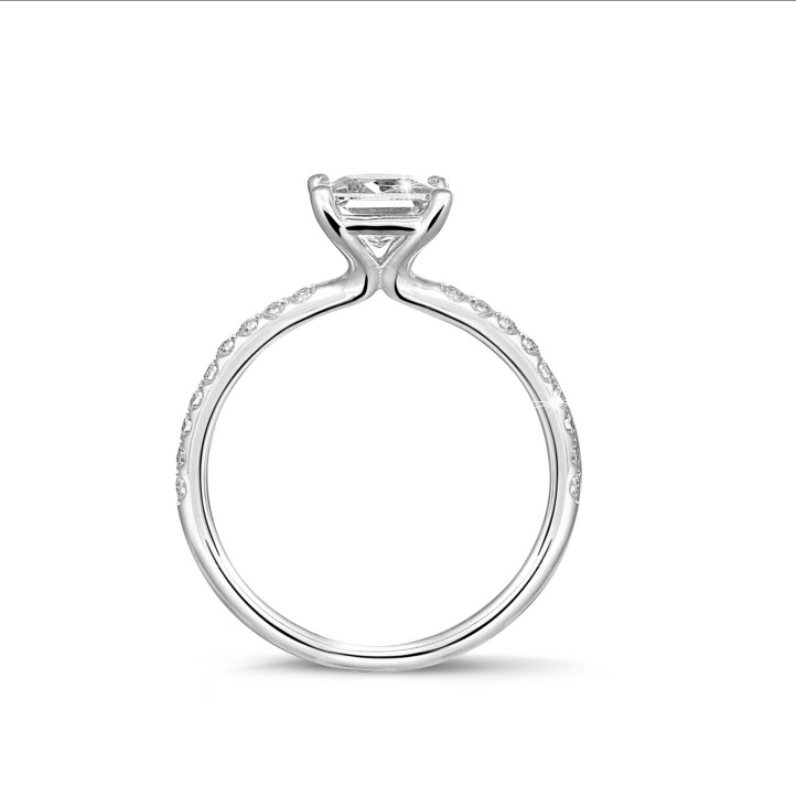 1.50 carat solitaire ring with a princess diamond in white gold with side diamonds
