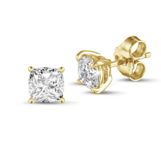 Earrings - 2.00 carat solitaire cushion cut diamond earrings in yellow gold