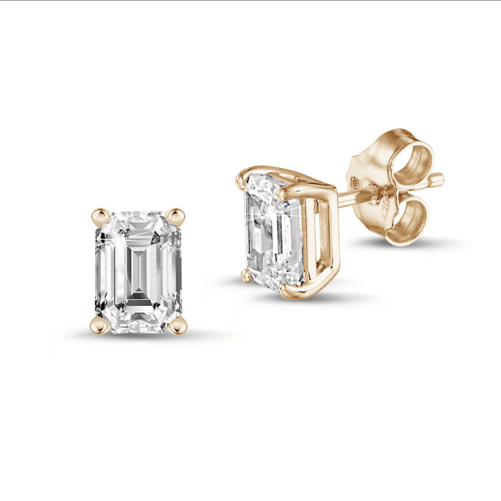 2.00 carat solitaire emerald cut diamond earrings in red gold