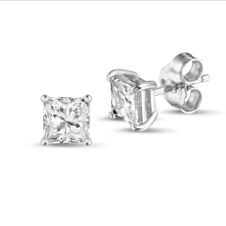 2.00 carat solitaire princess cut diamond earrings in white gold