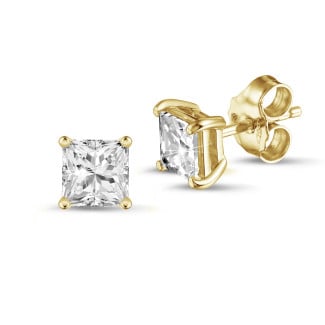 Earrings - 2.00 carat solitaire princess cut diamond earrings in yellow gold