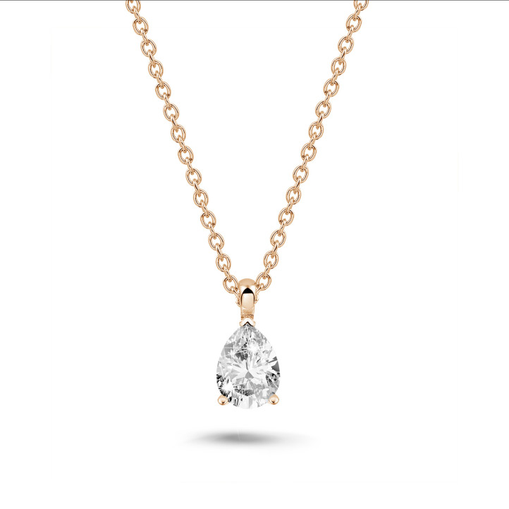 1.00 carat solitaire pear cut diamond pendant in red gold