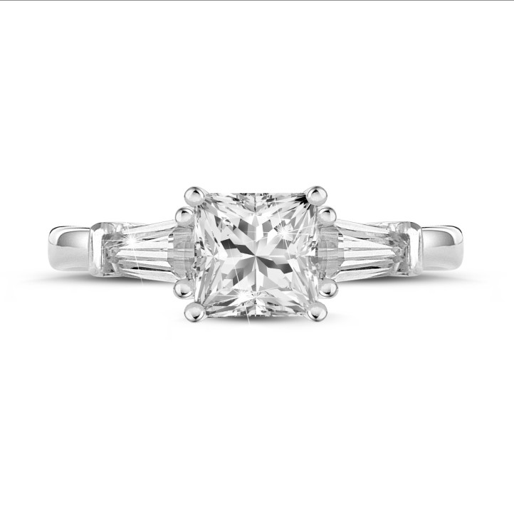 1.00 carat trilogy ring in platinum with a princess diamond and tapered baguettes