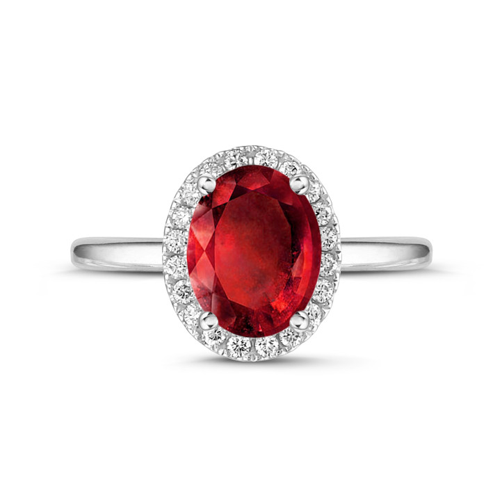 Halo ring in white gold with an oval ruby