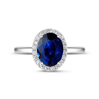 Engagement - Halo ring in white gold with an oval sapphire